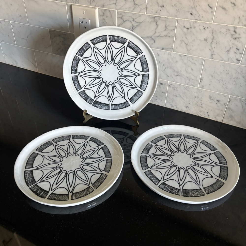 Set of 3 Crate & Barrel 8.5” Mercer Sunburst Porcelain Salad Plates